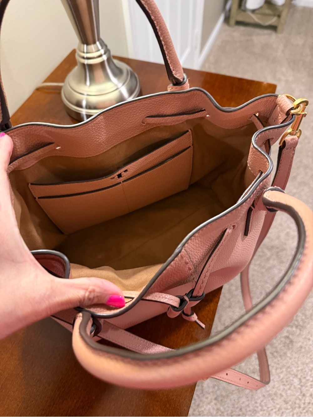 Tory Burch Cognac Pebbled Leather Drawstring Shoulder Bag - Picture 3 of 5